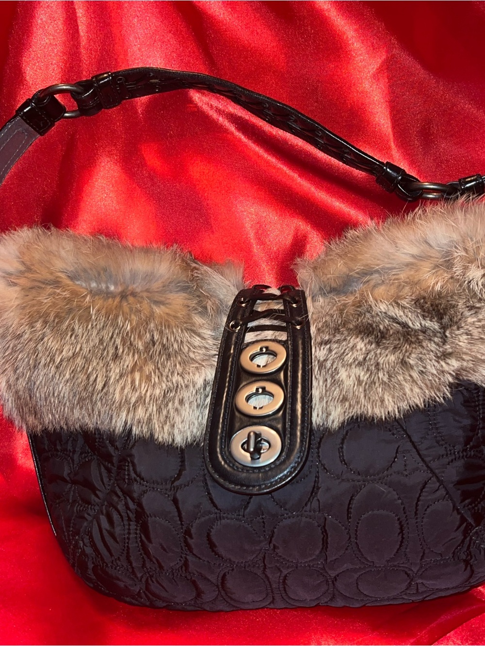 Coach Black Quilted Hobo with Natural Fur Trim - Picture 3 of 16